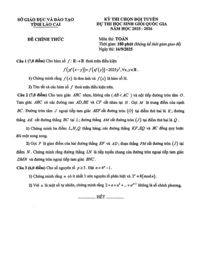 đề chọn đội tuyển thi hsg qg môn toán thpt năm 2025 – 2026 sở gd&đt lào cai 0