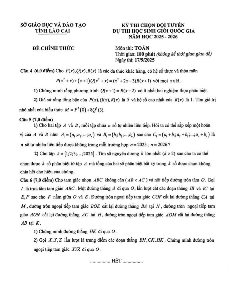 đề chọn đội tuyển thi hsg qg môn toán thpt năm 2025 – 2026 sở gd&đt lào cai 1