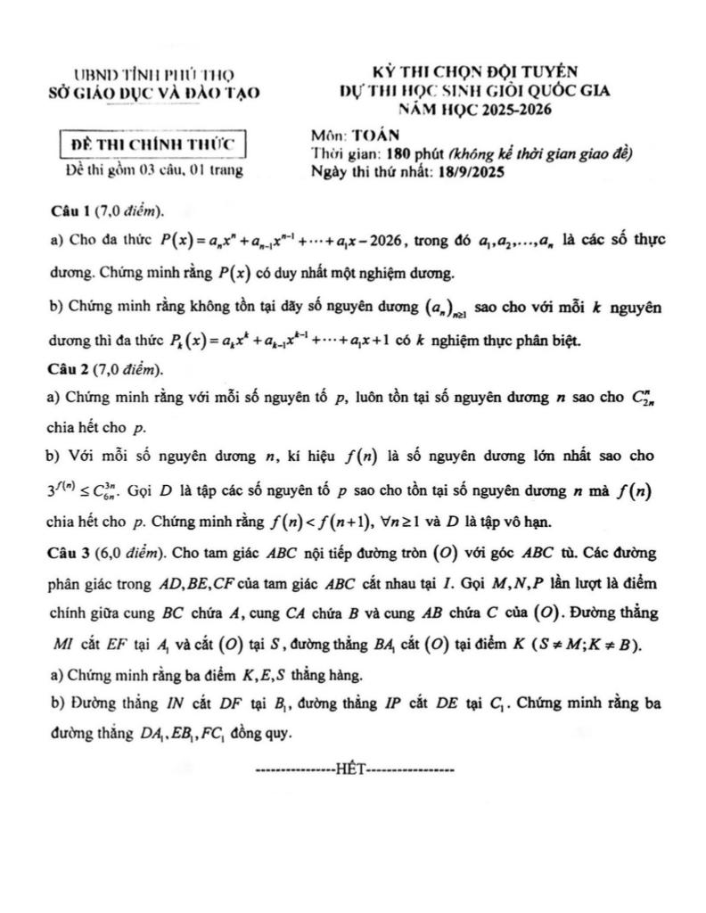 đề chọn đội tuyển thi hsg qg môn toán thpt năm 2025 – 2026 sở gd&đt phú thọ 0