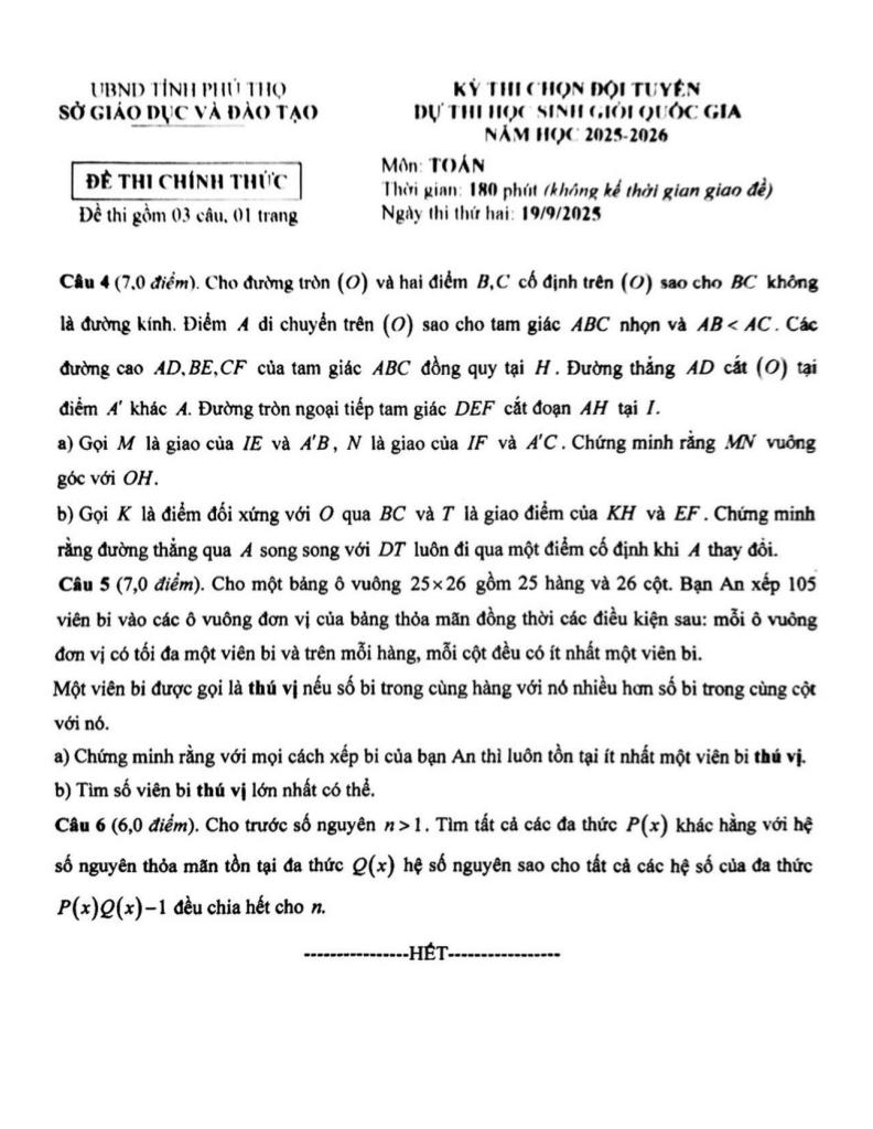 đề chọn đội tuyển thi hsg qg môn toán thpt năm 2025 – 2026 sở gd&đt phú thọ 1