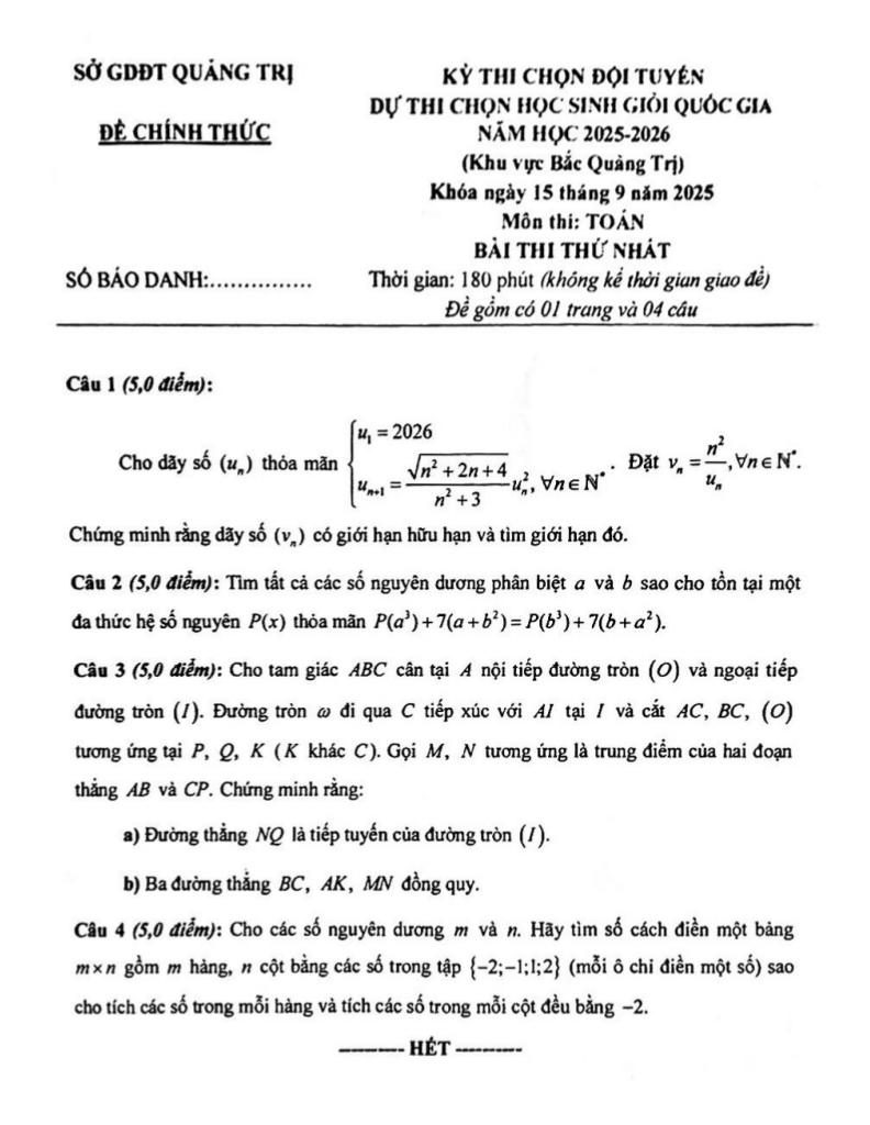 đề chọn đội tuyển thi hsg qg môn toán thpt năm 2025 – 2026 sở gd&đt quảng trị 0