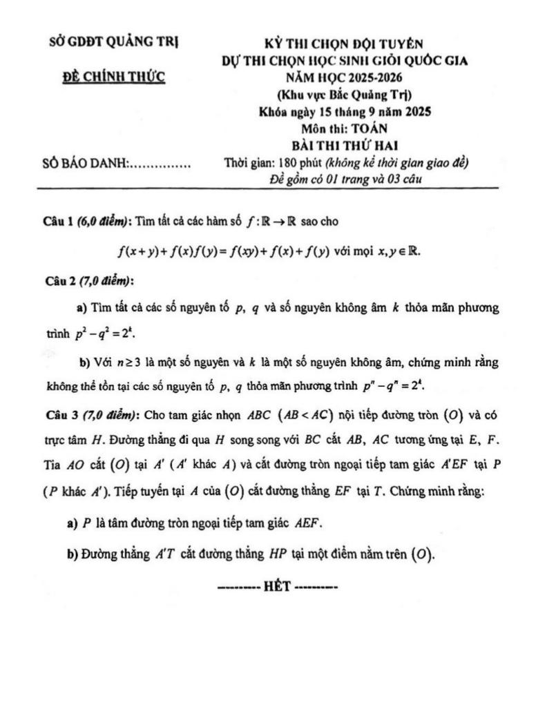 đề chọn đội tuyển thi hsg qg môn toán thpt năm 2025 – 2026 sở gd&đt quảng trị 1