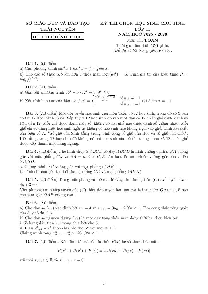 đề chọn học sinh giỏi cấp tỉnh toán 11 năm 2025 – 2026 sở gd&đt thái nguyên