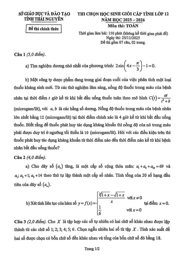 đề chọn học sinh giỏi cấp tỉnh toán 12 năm 2025 – 2026 sở gd&đt thái nguyên 0