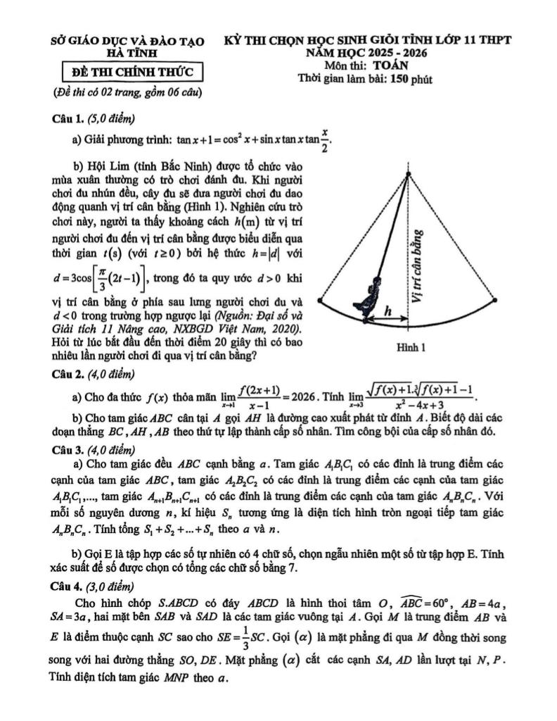 đề chọn học sinh giỏi tỉnh toán 11 năm 2025 – 2026 sở gd&đt hà tĩnh - hình 1