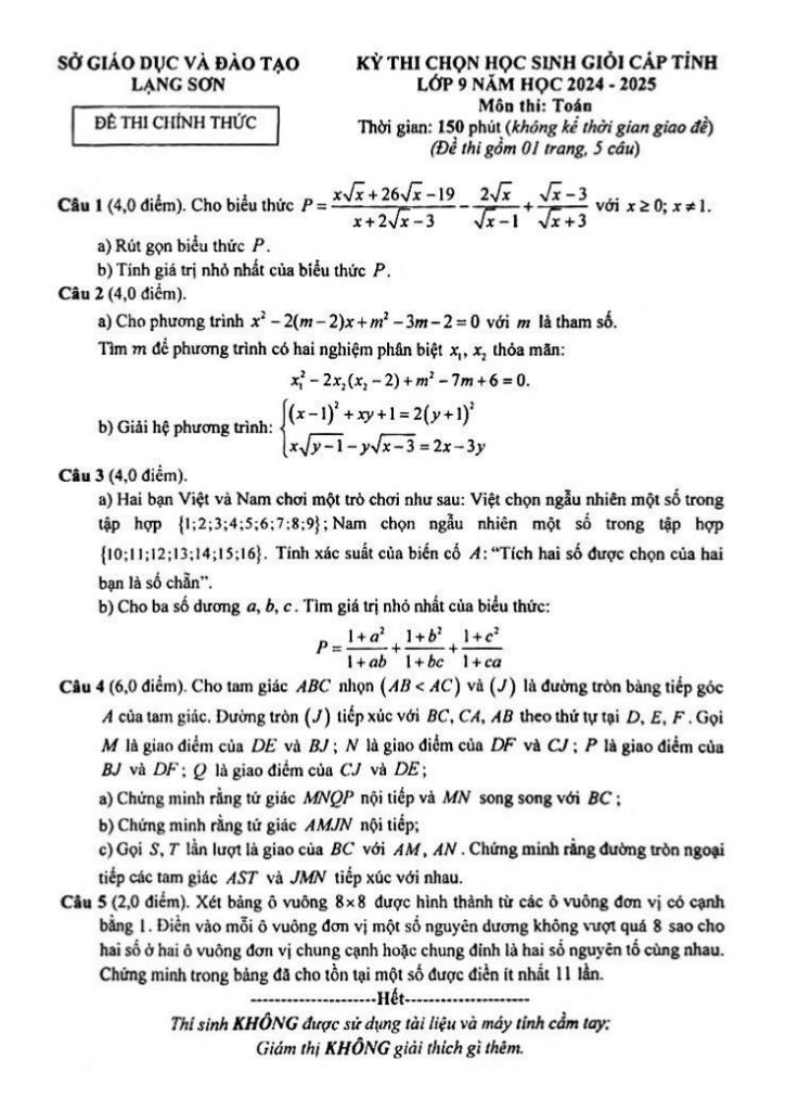 đề chọn học sinh giỏi tỉnh toán 9 năm 2024 – 2025 sở gd&đt lạng sơn