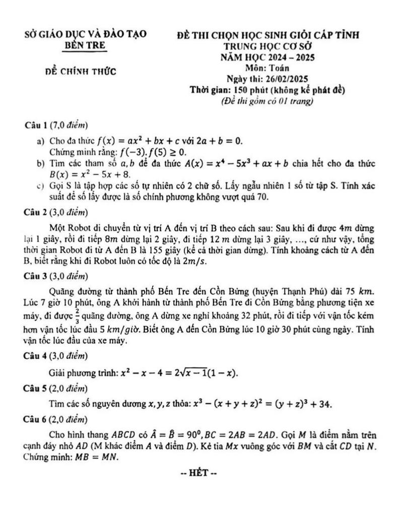 đề chọn học sinh giỏi tỉnh toán thcs năm 2024 – 2025 sở gd&đt bến tre