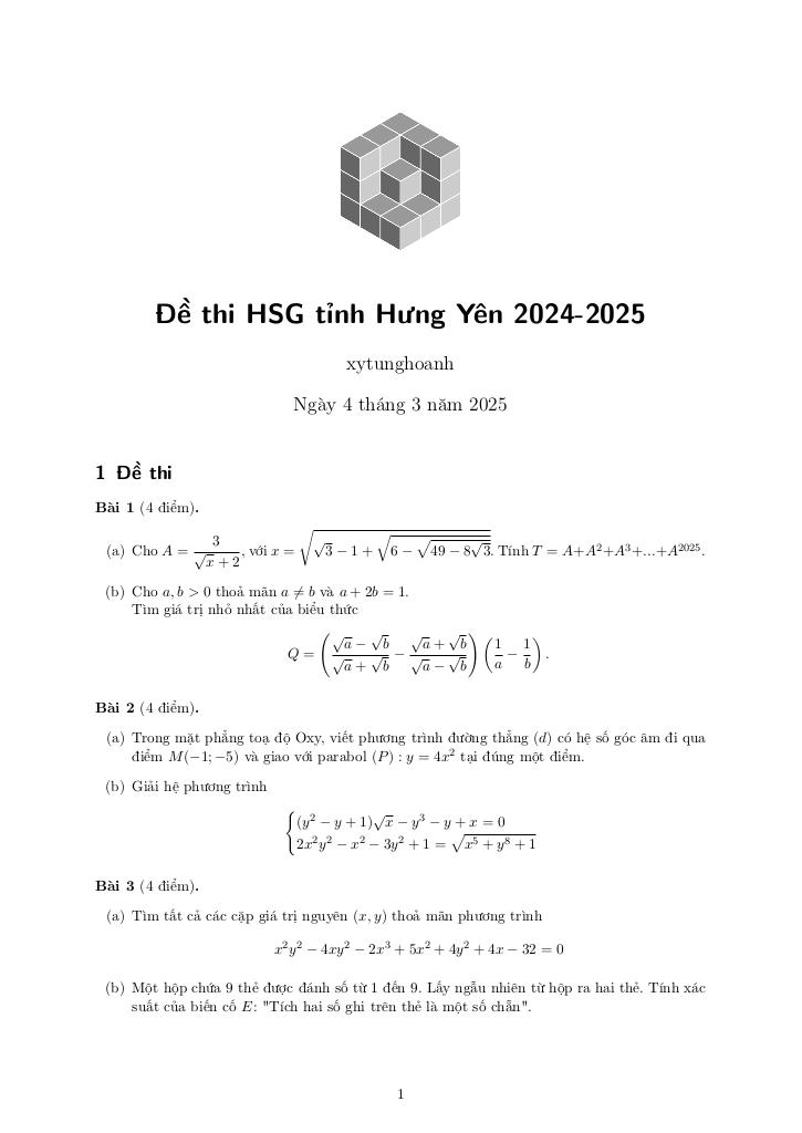 đề chọn học sinh giỏi tỉnh toán thcs năm 2024 – 2025 sở gd&đt hưng yên 1