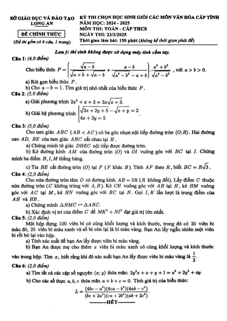 đề chọn học sinh giỏi tỉnh toán thcs năm 2024 – 2025 sở gd&đt long an