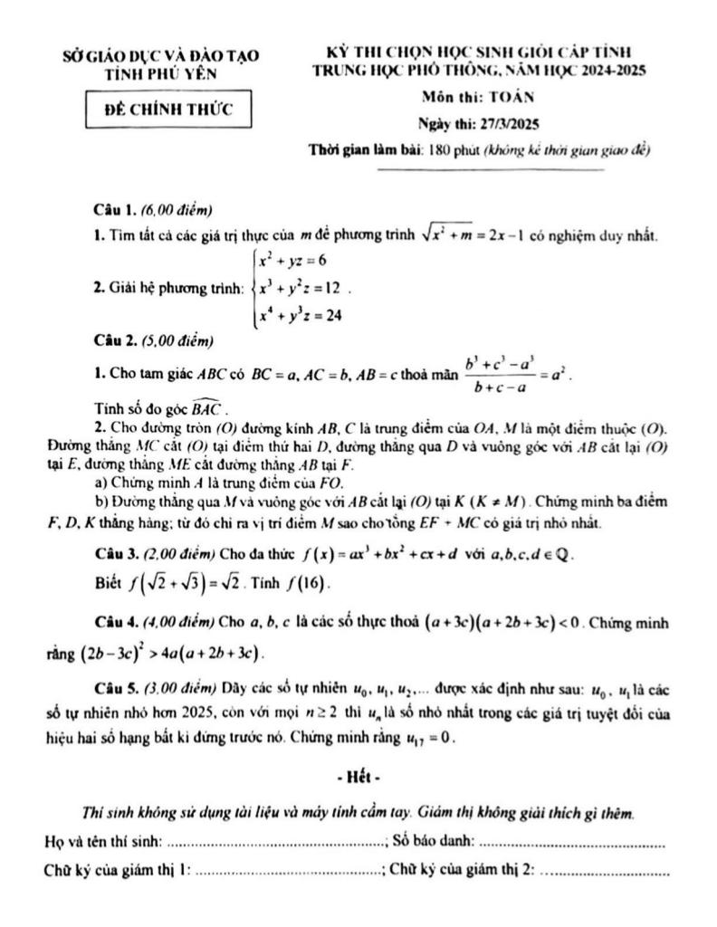 đề chọn học sinh giỏi tỉnh toán thpt năm 2024 – 2025 sở gd&đt phú yên