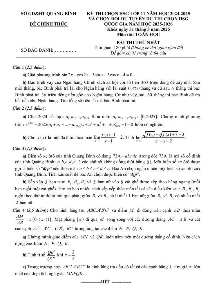 đề chọn học sinh giỏi toán 11 năm 2024 – 2025 sở gd&đt quảng bình 0