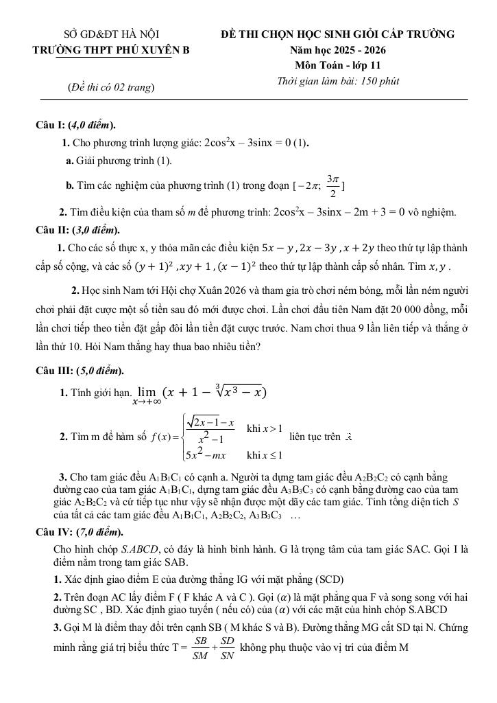 đề chọn học sinh giỏi toán 11 năm 2025 – 2026 trường thpt phú xuyên b – hà nội - hình 1