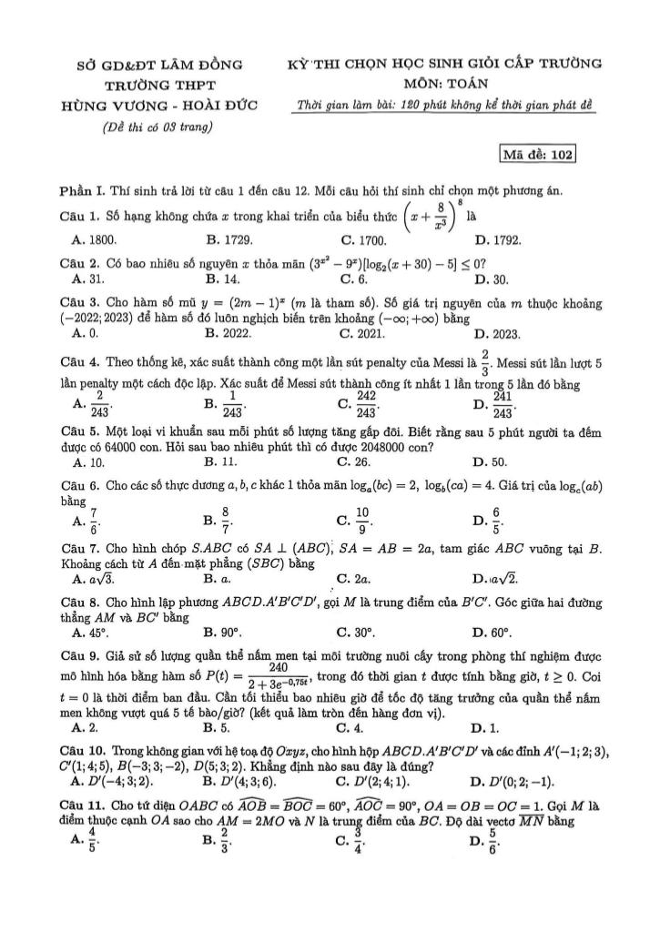 đề chọn học sinh giỏi toán 12 năm 2025 – 2026 trường thpt hùng vương – lâm đồng 0