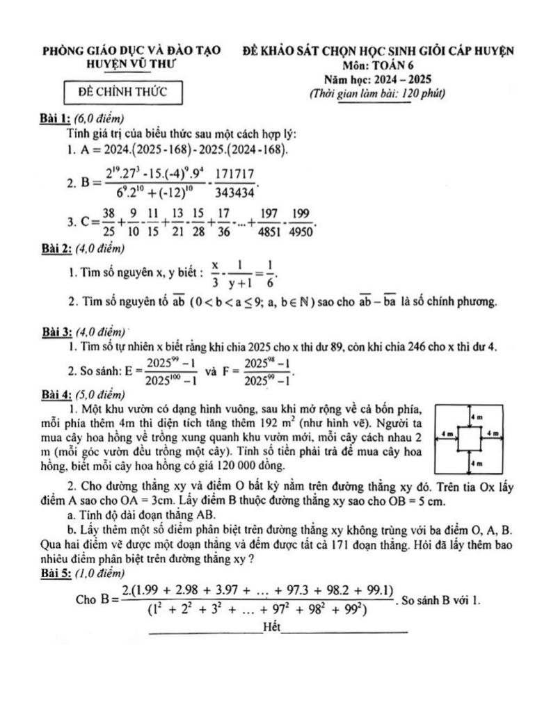 đề chọn học sinh giỏi toán 6 năm 2024 – 2025 phòng gd&đt vũ thư – thái bình
