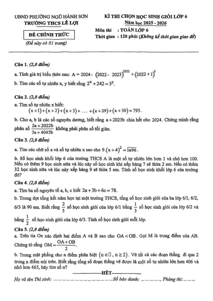 đề chọn học sinh giỏi toán 6 năm 2025 – 2026 trường thcs lê lợi – đà nẵng