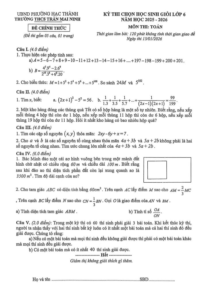 đề chọn học sinh giỏi toán 6 năm 2025 – 2026 trường thcs trần mai ninh – thanh hóa