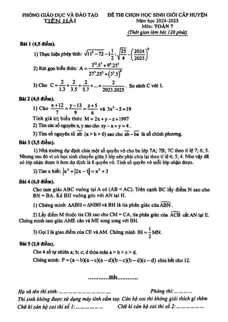 đề chọn học sinh giỏi toán 7 năm 2024 – 2025 phòng gd&đt tiền hải – thái bình