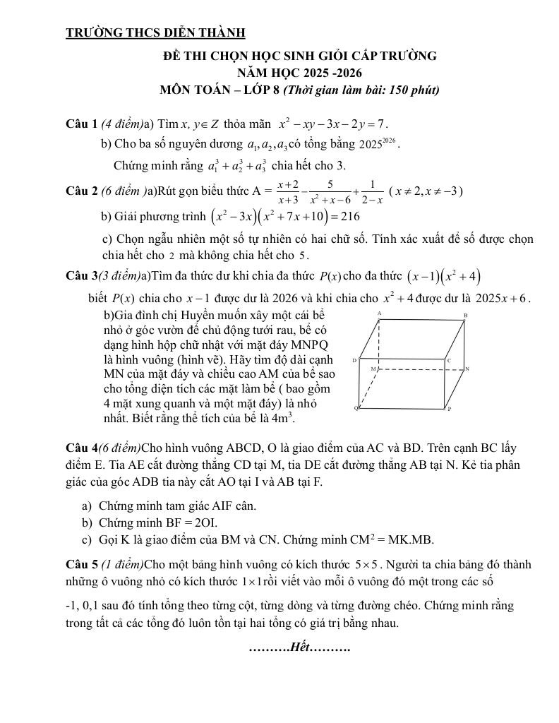 đề chọn học sinh giỏi toán 8 năm 2025 – 2026 trường thcs diễn thành – nghệ an - hình 1
