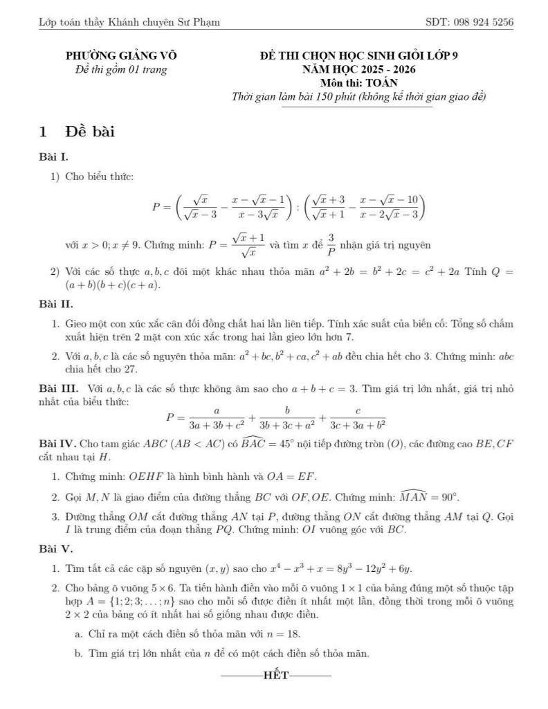 đề chọn học sinh giỏi toán 9 năm 2025 – 2026 phường giảng võ – hà nội 0