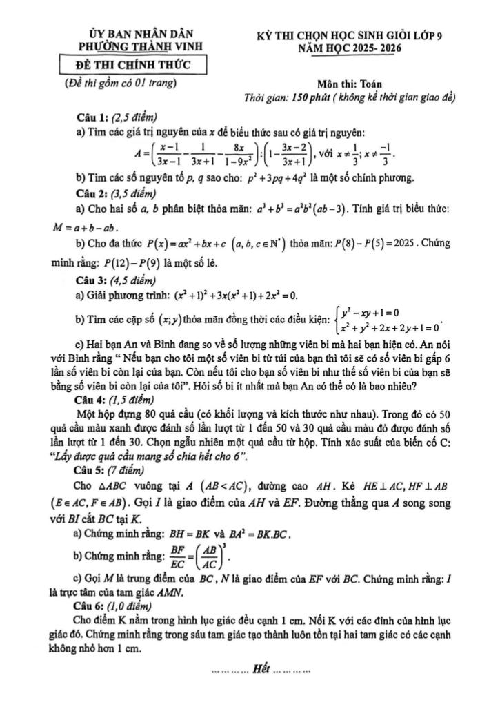 đề chọn học sinh giỏi toán 9 năm 2025 – 2026 phường thành vinh – nghệ an