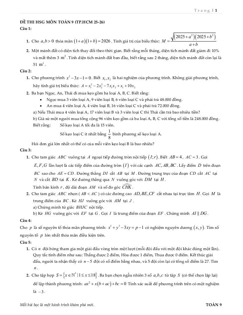 đề chọn học sinh giỏi toán 9 năm 2025 – 2026 sở gd&đt tp hồ chí minh - hình 1