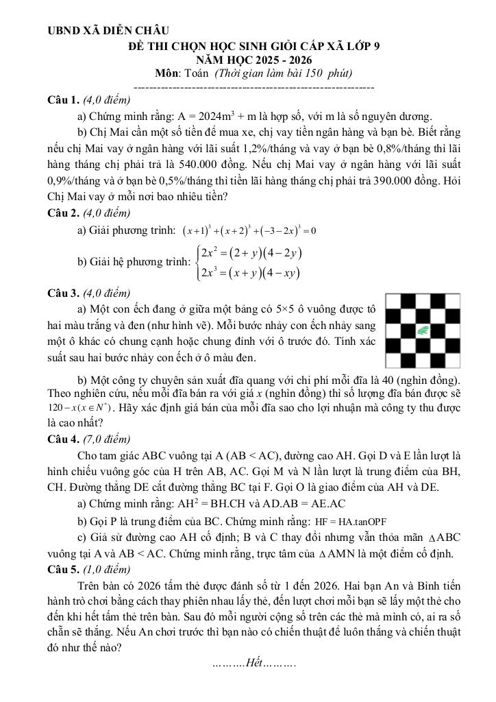 đề chọn học sinh giỏi toán 9 năm 2025 – 2026 xã diễn châu – nghệ an 0