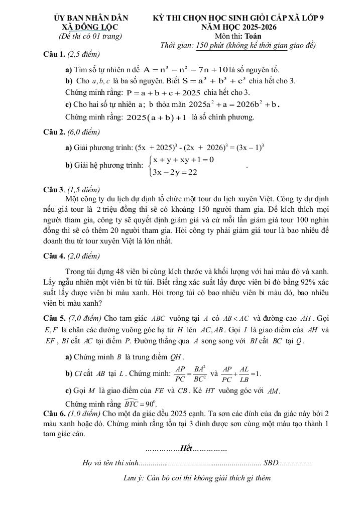 đề chọn học sinh giỏi toán 9 năm 2025 – 2026 xã đông lộc – nghệ an 0