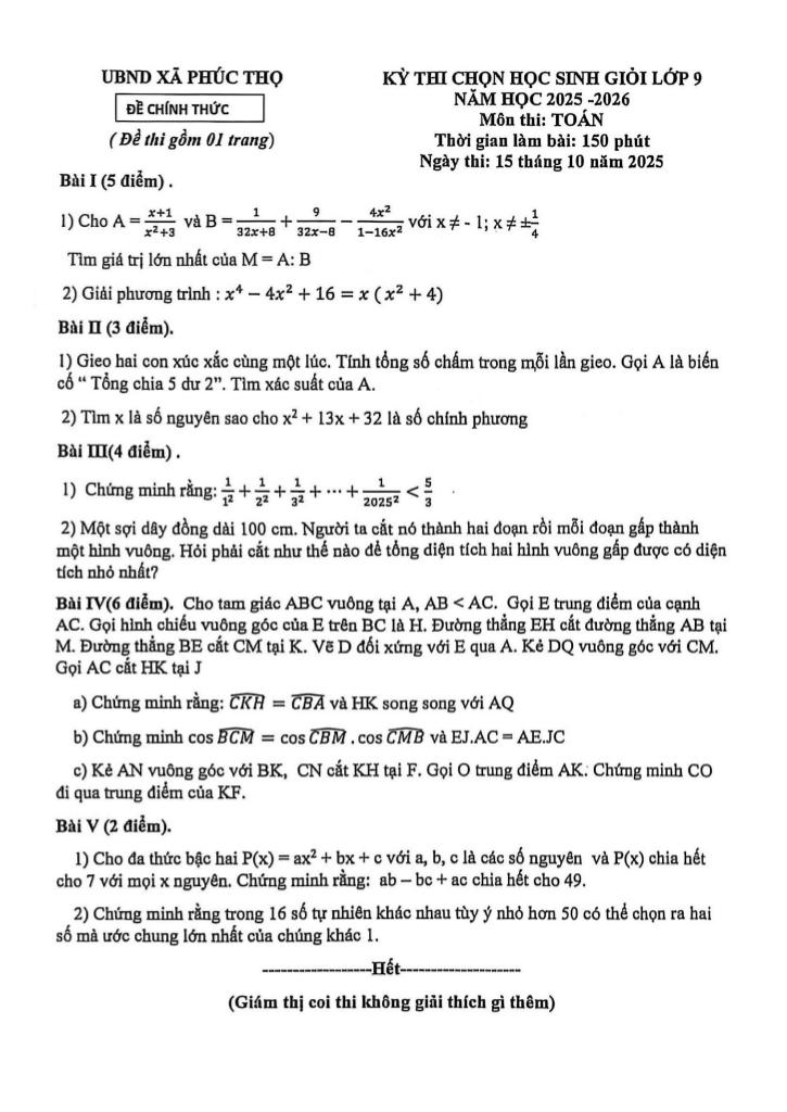 đề chọn học sinh giỏi toán 9 năm 2025 – 2026 xã phúc thọ – hà nội 0