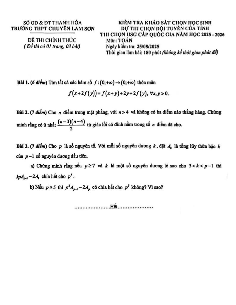 đề chọn học sinh giỏi toán năm 2025 – 2026 trường thpt chuyên lam sơn – thanh hóa 0