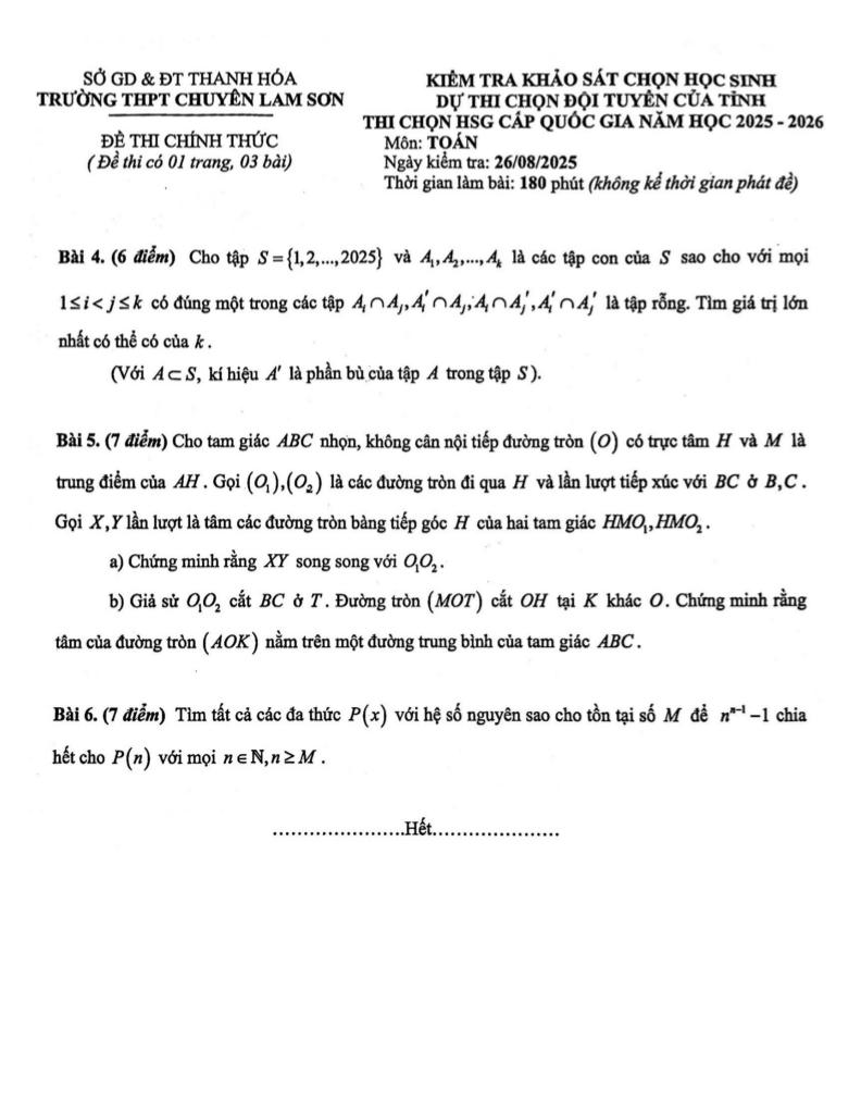 đề chọn học sinh giỏi toán năm 2025 – 2026 trường thpt chuyên lam sơn – thanh hóa 1