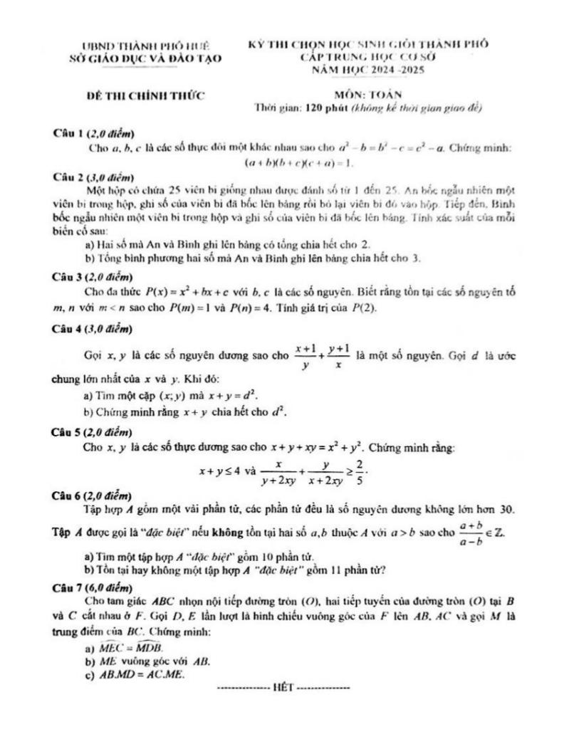 đề chọn học sinh giỏi toán thcs năm 2024 – 2025 sở gd&đt thành phố huế