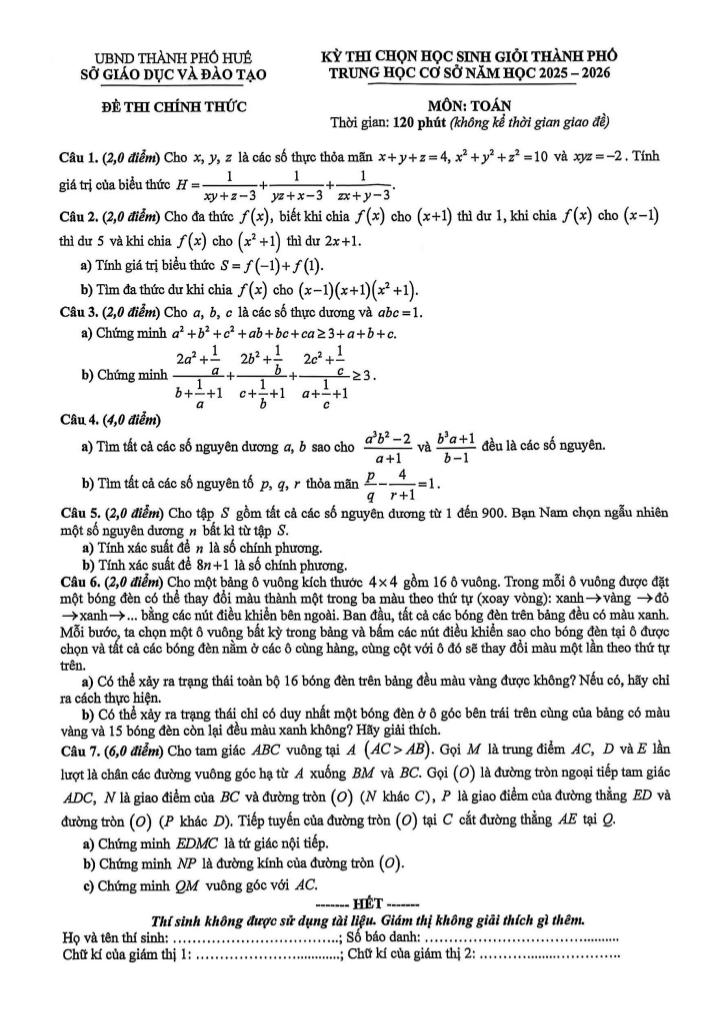 đề chọn học sinh giỏi toán thcs năm 2025 – 2026 sở gd&đt huế