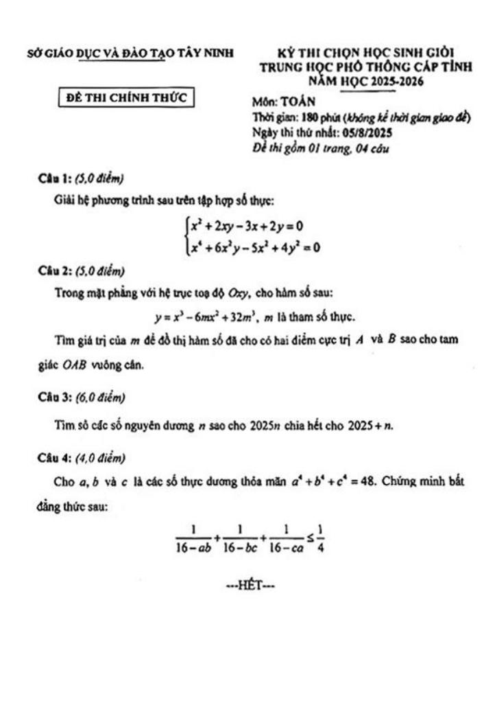 đề chọn học sinh giỏi toán thpt cấp tỉnh năm 2025 – 2026 sở gd&đt tây ninh 0