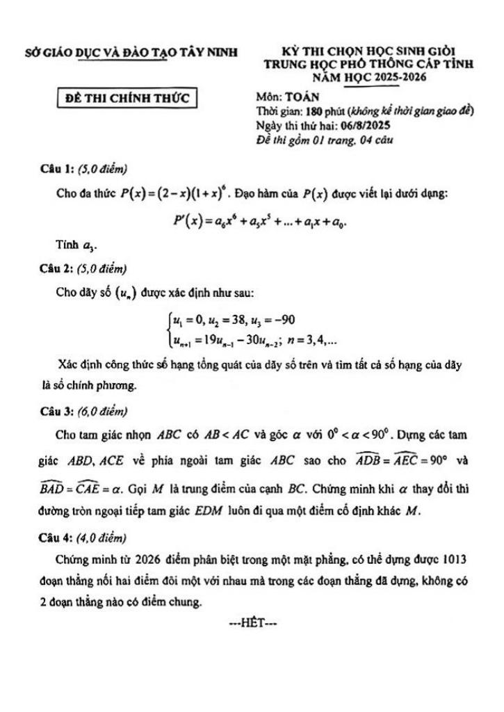 đề chọn học sinh giỏi toán thpt cấp tỉnh năm 2025 – 2026 sở gd&đt tây ninh 1