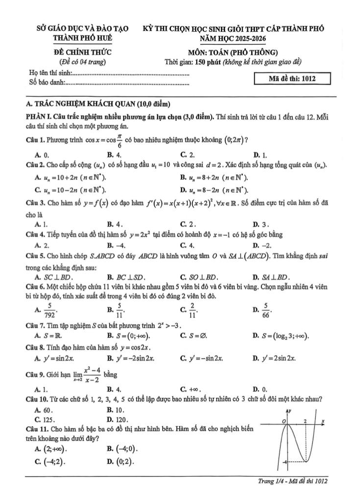 đề chọn học sinh giỏi toán thpt năm 2025 – 2026 sở gd&đt huế 0