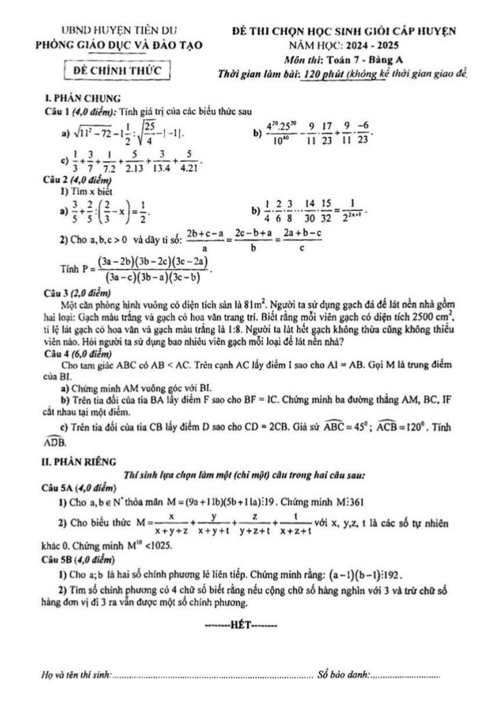 đề chọn hsg cấp huyện toán 7 năm 2024 – 2025 phòng gd&đt tiên du – bắc ninh