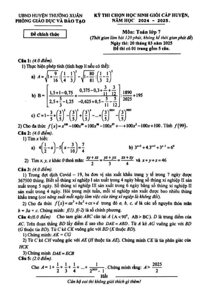 đề chọn hsg huyện toán 7 năm 2024 – 2025 phòng gd&đt thường xuân – thanh hóa