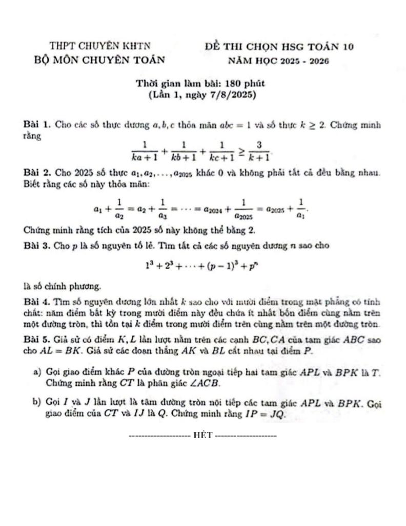 đề chọn hsg toán 10 lần 1 năm 2025 – 2026 trường thpt chuyên khtn – hà nội 0