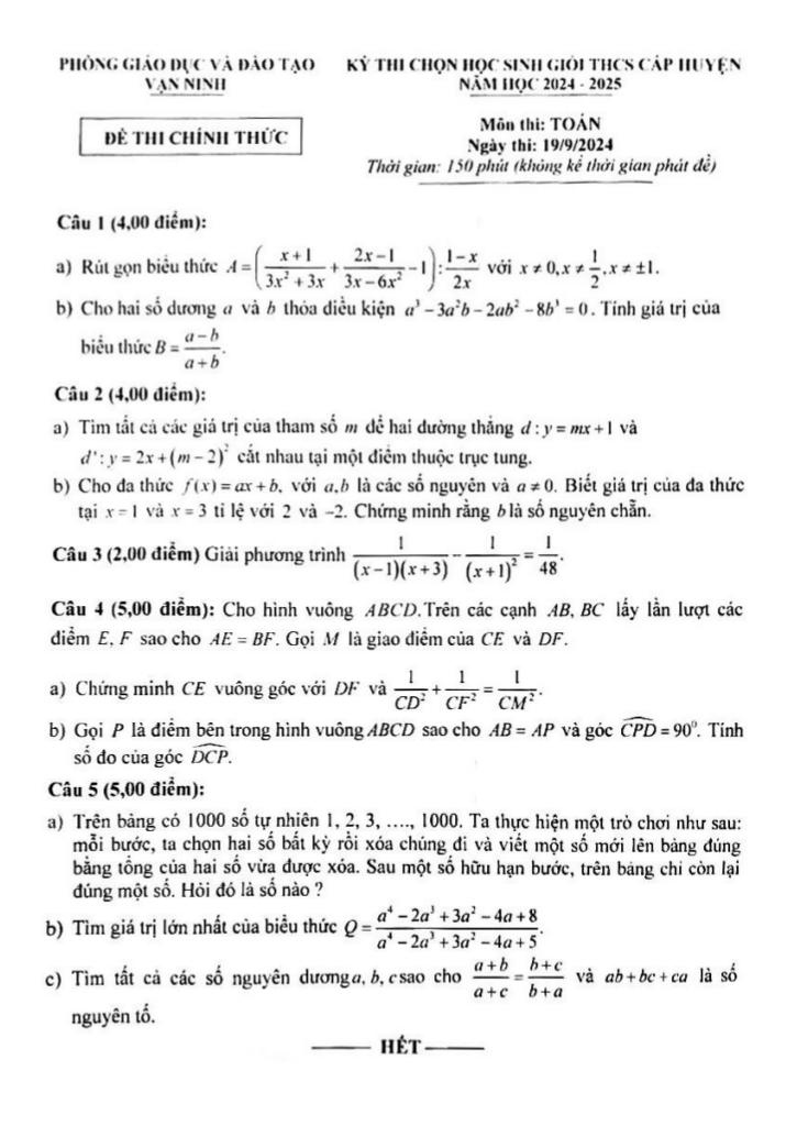 đề chọn hsg toán thcs cấp huyện năm 2024 – 2025 phòng gd&đt vạn ninh – khánh hòa