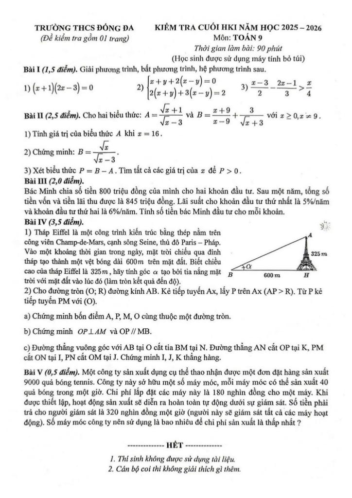 đề cuối hk1 toán 9 năm 2025 – 2026 trường thcs đống đa – hà nội