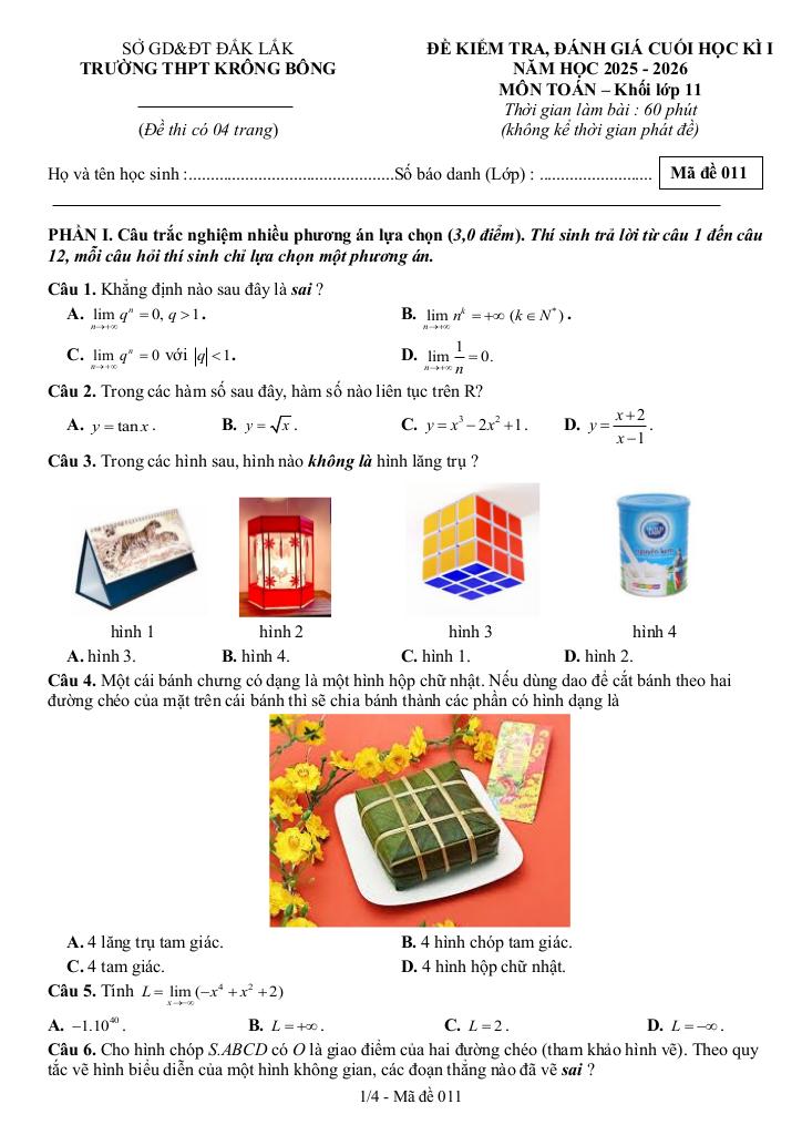 đề cuối học kì 1 toán 11 năm 2025 – 2026 trường thpt krông bông – đắk lắk - hình 1