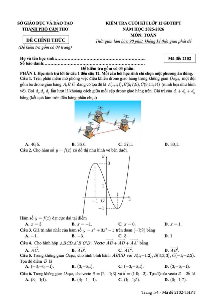 đề cuối học kì 1 toán 12 năm 2025 – 2026 sở gd&đt cần thơ - hình 1