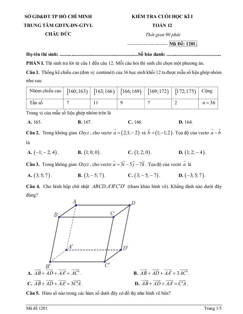 đề cuối học kì 1 toán 12 năm 2025 – 2026 trung tâm gdtx châu đức – tp hcm - hình 1