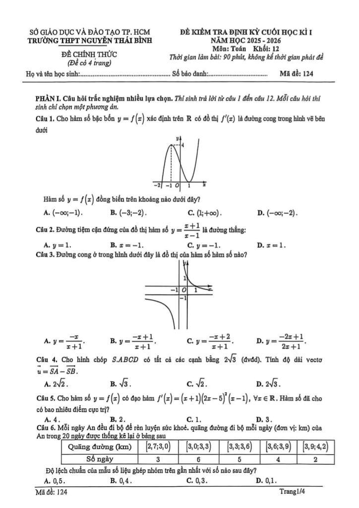 đề cuối học kì 1 toán 12 năm 2025 – 2026 trường thpt nguyễn thái bình – tp hcm - hình 1