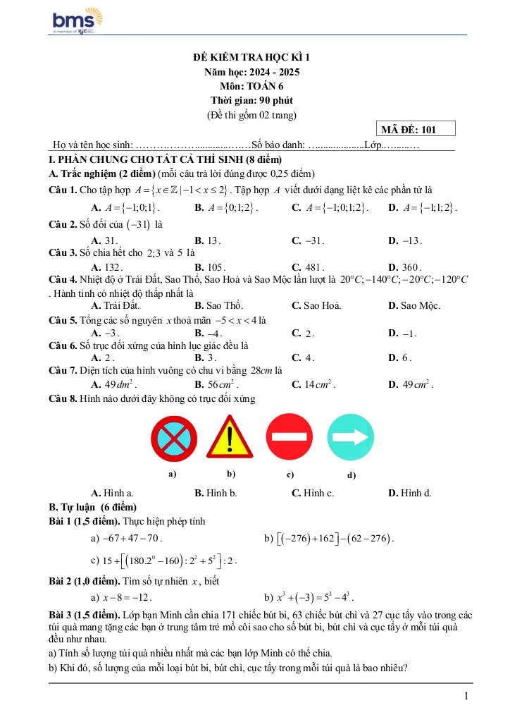 đề cuối học kì 1 toán 6 năm 2024 – 2025 trường ban mai school – hà nội 0