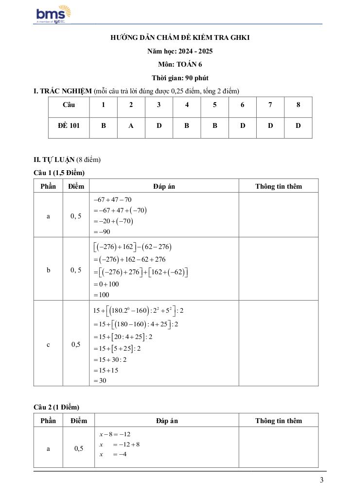 đề cuối học kì 1 toán 6 năm 2024 – 2025 trường ban mai school – hà nội 2