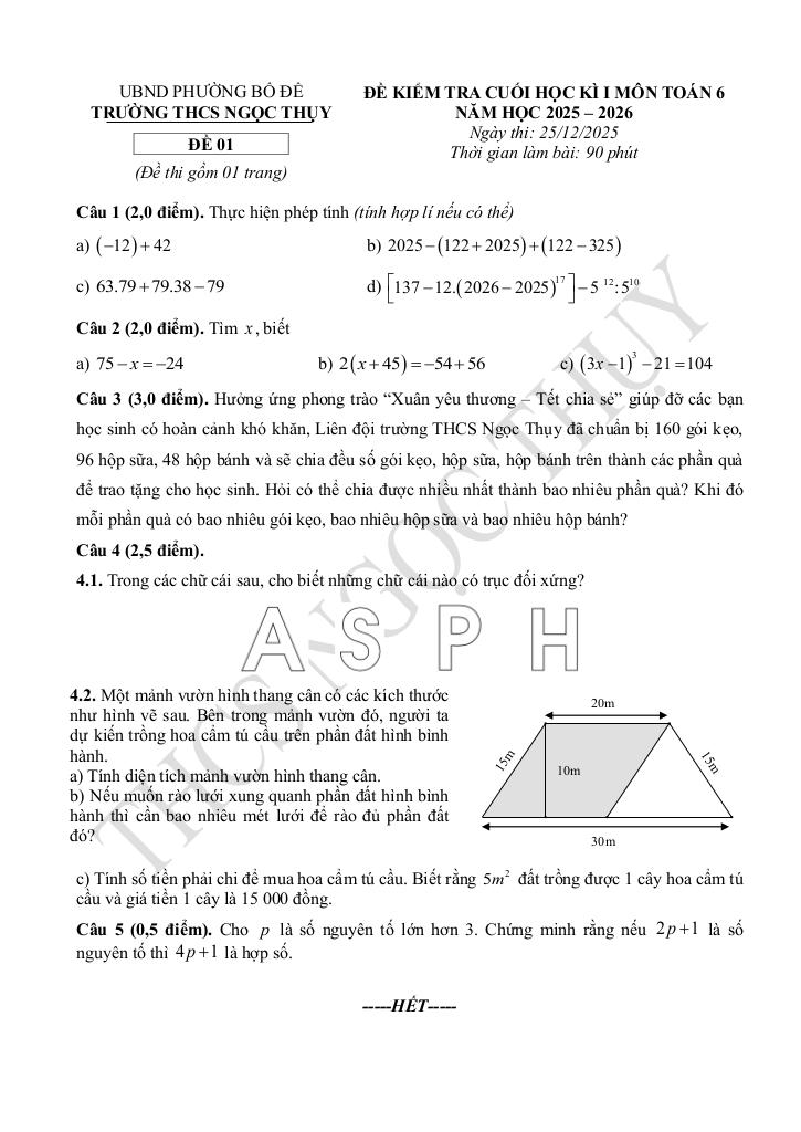 đề cuối học kì 1 toán 6 năm 2025 – 2026 trường thcs ngọc thụy – hà nội