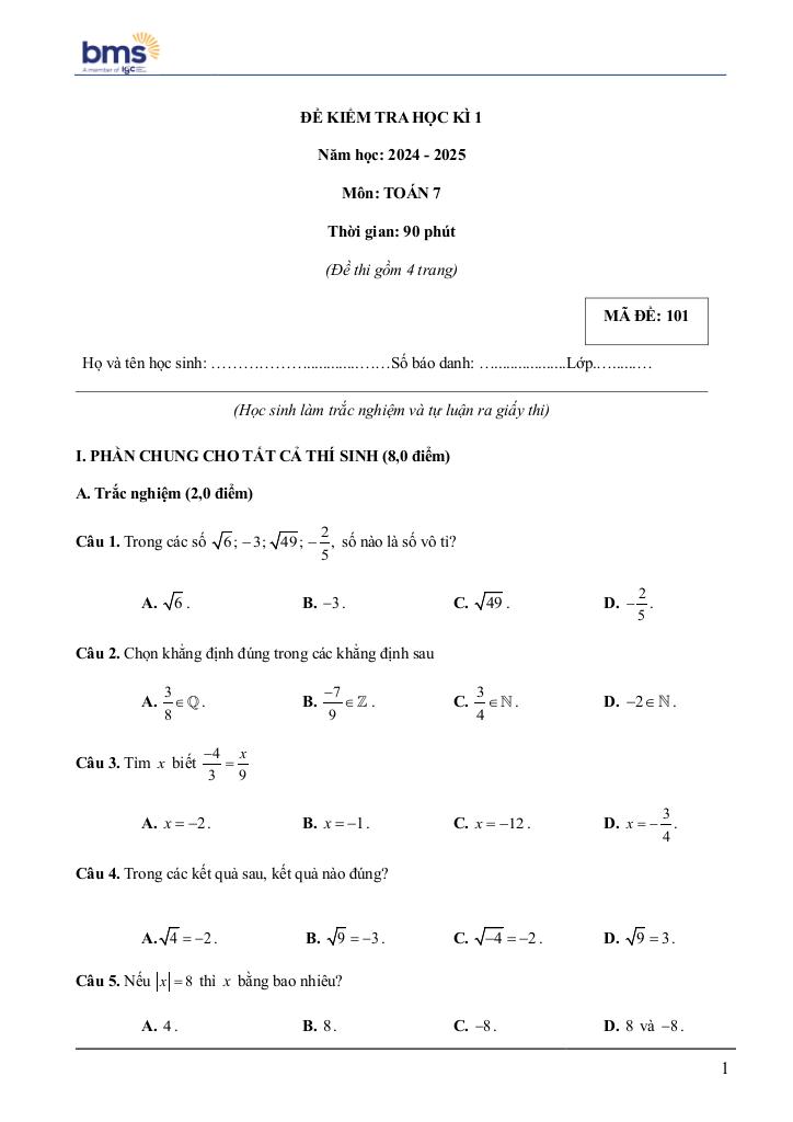 đề cuối học kì 1 toán 7 năm 2024 – 2025 trường ban mai school – hà nội 0