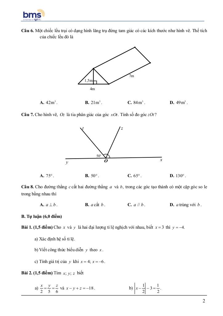 đề cuối học kì 1 toán 7 năm 2024 – 2025 trường ban mai school – hà nội 1