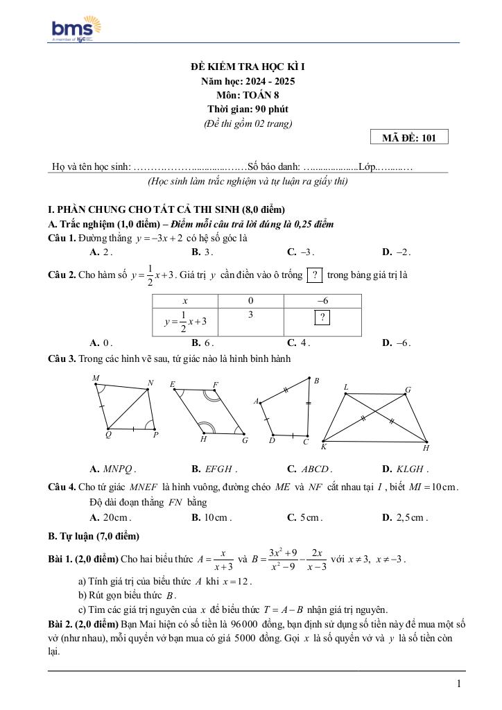 đề cuối học kì 1 toán 8 năm 2024 – 2025 trường ban mai school – hà nội 0